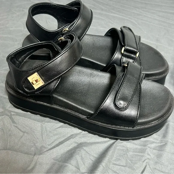90s Y2K Inspired Chunky Platform Strappy Sandals Black Gold Accent Women's 9 - Picture 3 of 9